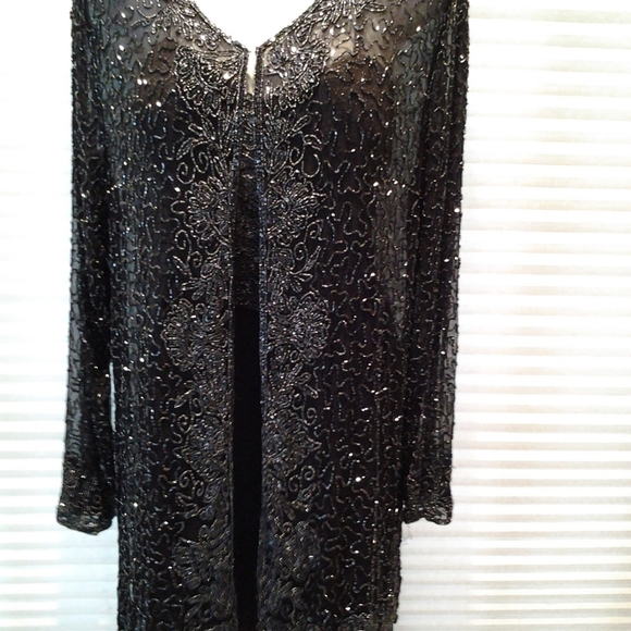 NEW SILK CUSTOM MADE HAND BEADED BLK &  BLUE  XL - Picture 2 of 7